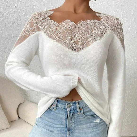 White Casual Womens Eyelash Lace Panel Raglan Sleeve Sweater - Picture 4 of 5